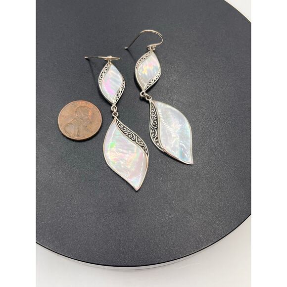 Samuel Benham Signed Designer Sterling Silver Mother of Pearl Two Drop Earring - Picture 8 of 8